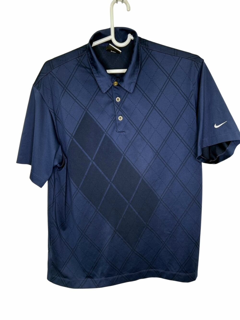Nike Golf Dri-Fit Navy Blue Diamond Argyle Pattern 3 Button Polo Shirt Large